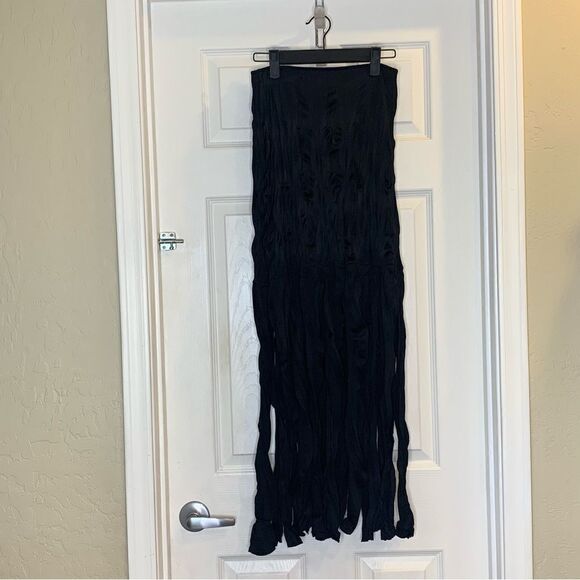 Zara Wrinkled Effect Maxi Skirt with Fringing Black Size Small - Picture 7 of 16